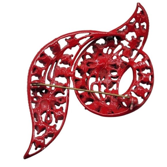 Swirl Knotted Brooch Deep Blood Red Rhinestonea Setting Open Metal Work Vintage - Picture 4 of 7